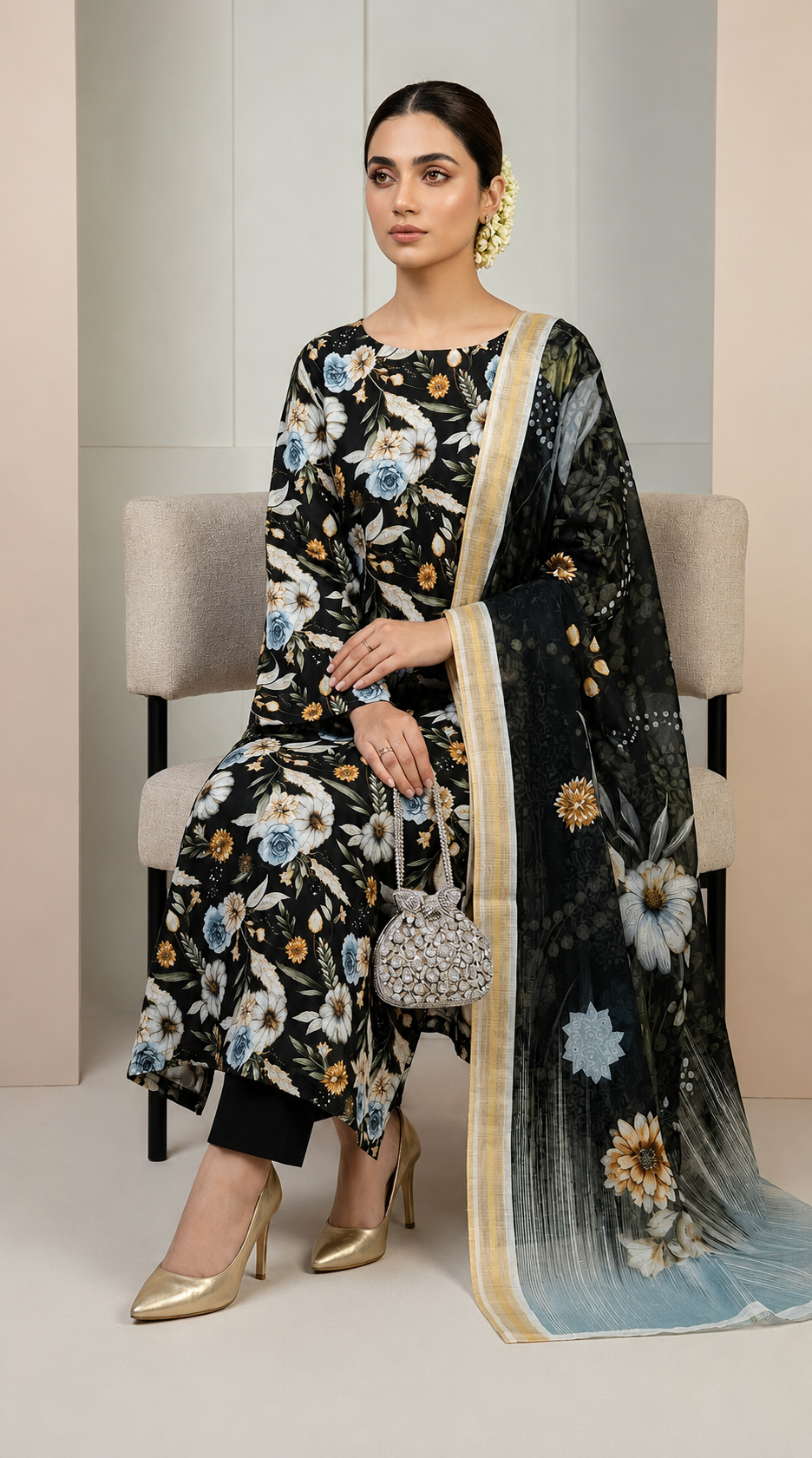 Midnight Botanical 3 Piece Lawn Suit [Unstitched]