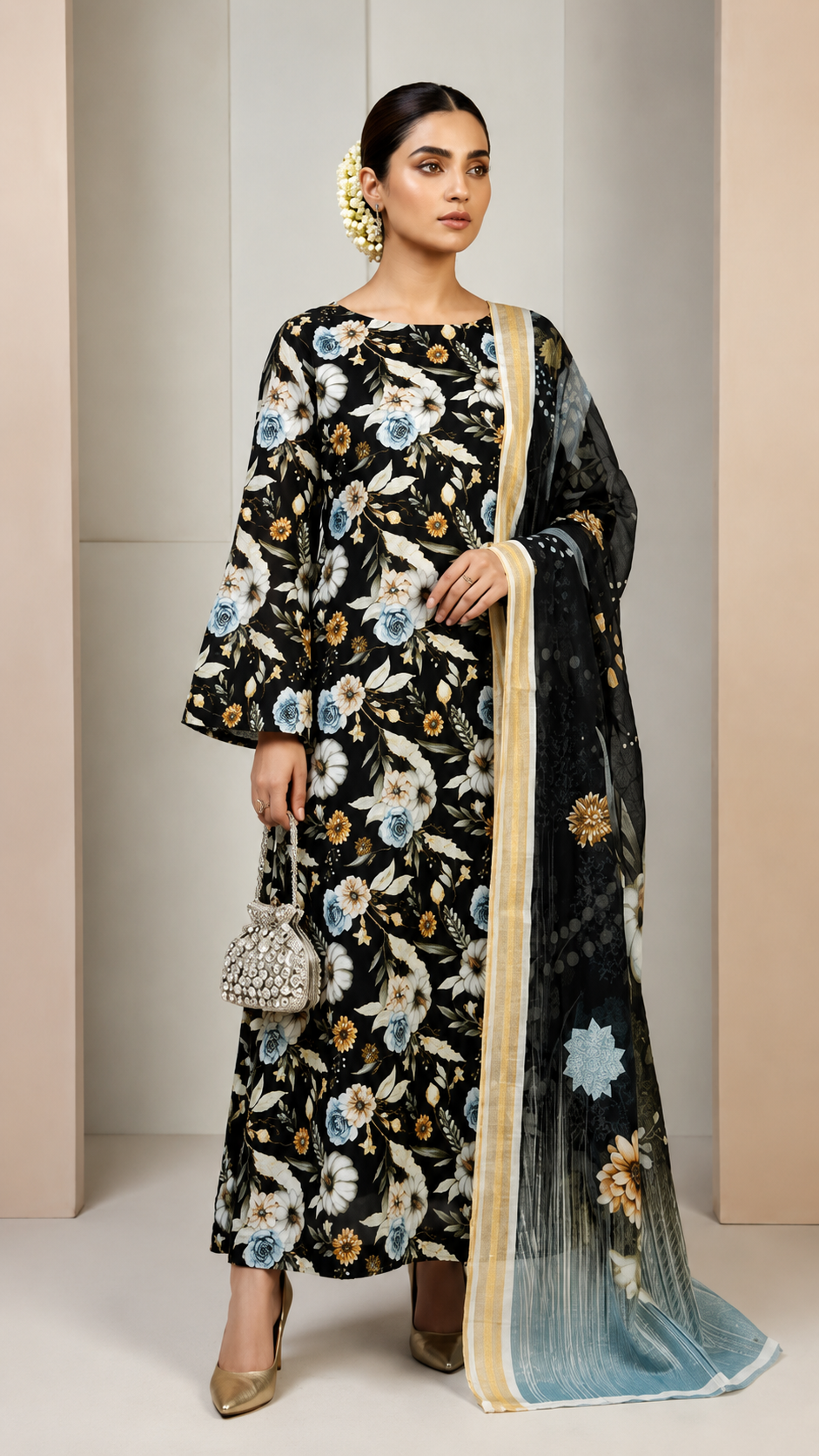Midnight Botanical 3 Piece Lawn Suit [Unstitched]