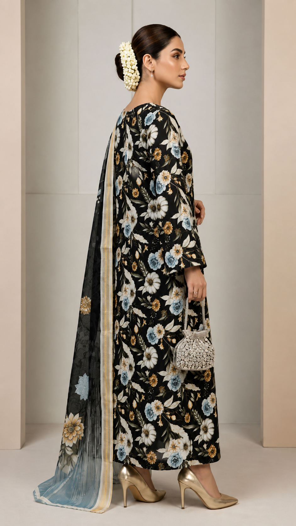 Midnight Botanical 3 Piece Lawn Suit [Unstitched]