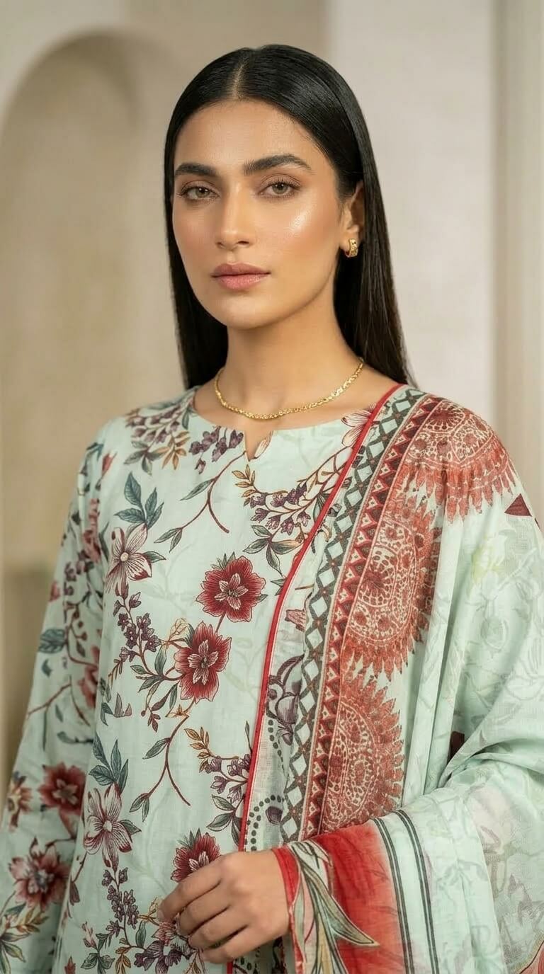 Vintage Floral Stripe 3 Piece Lawn [Unstitched]