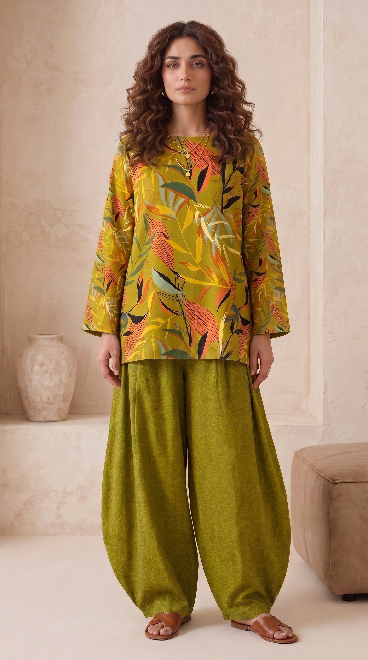 Mustard Botanical Leaf 2 Piece Lawn Suit (Unstitched)