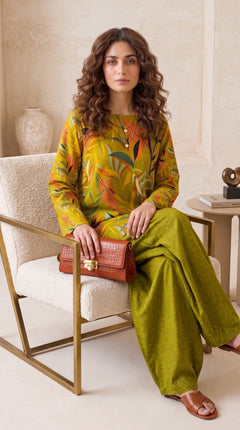 Mustard Botanical Leaf 2 Piece Lawn Suit (Unstitched)