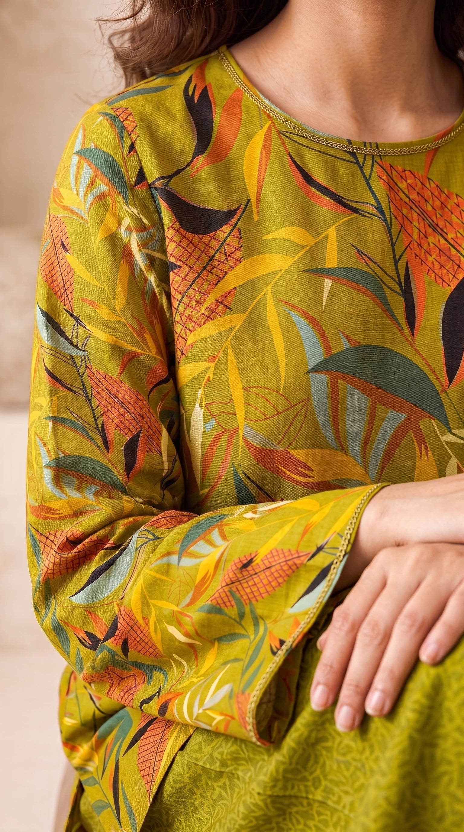 Mustard Botanical Leaf 2 Piece Lawn Suit (Unstitched)